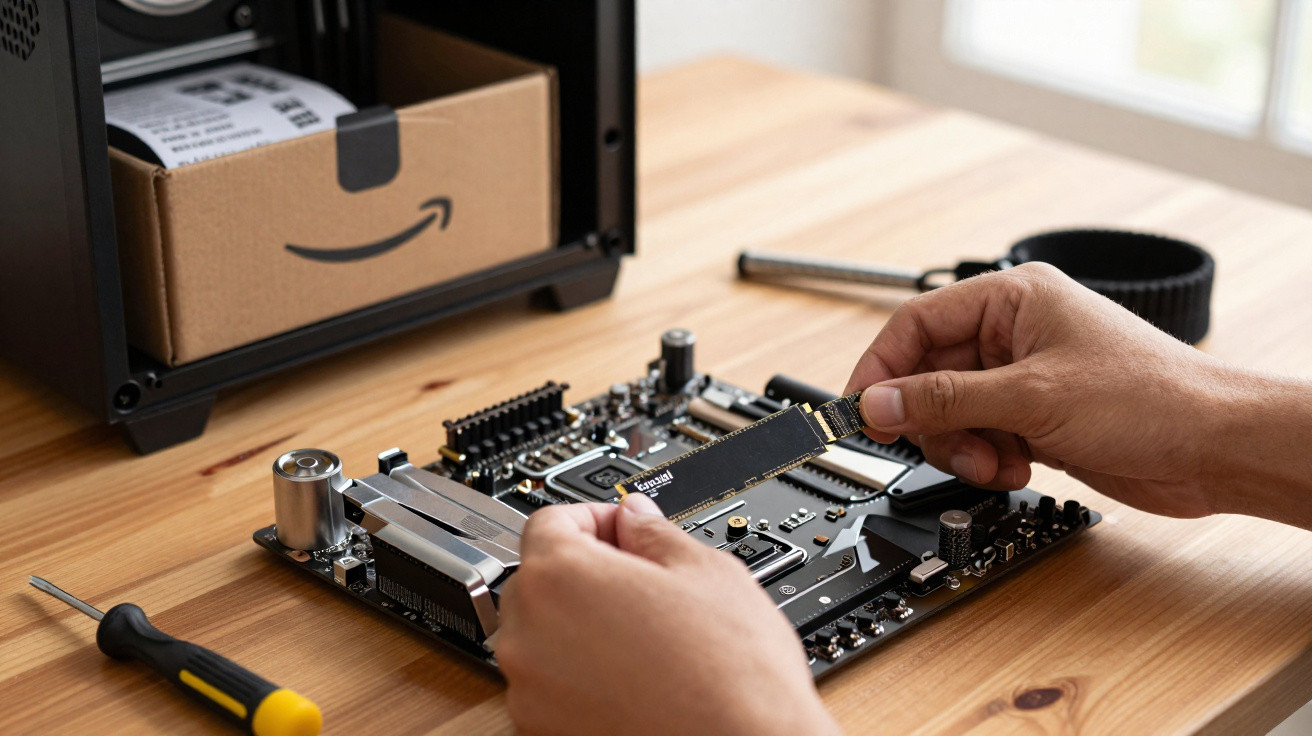 Hands installing an M.2 SSD onto a computer motherboard on a wooden desk with tools nearby.