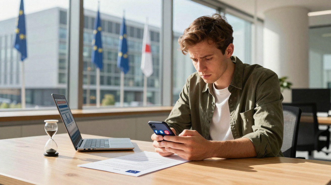 Young man using smartphone at desk with laptop and hourglass in modern office with European flags outside window