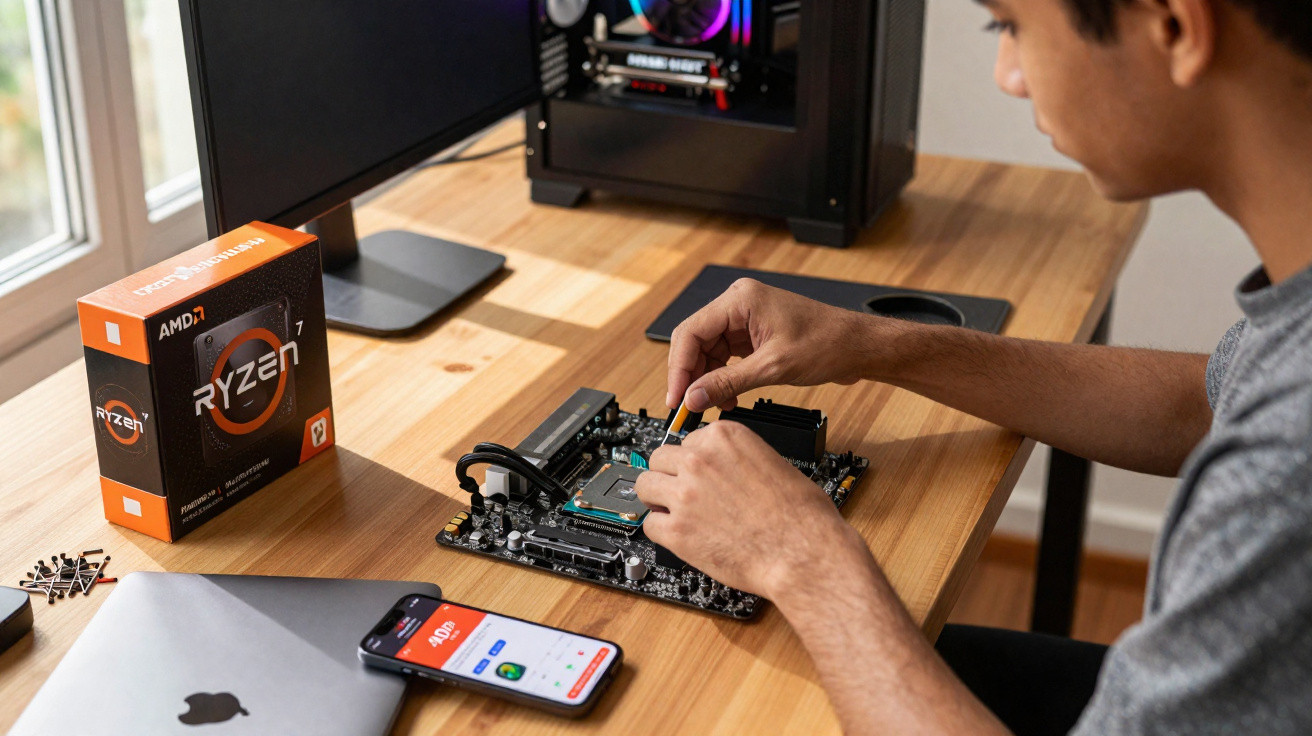 Person installing AMD Ryzen 7 processor on a motherboard on a wooden desk with PC components and a smartphone nearby.