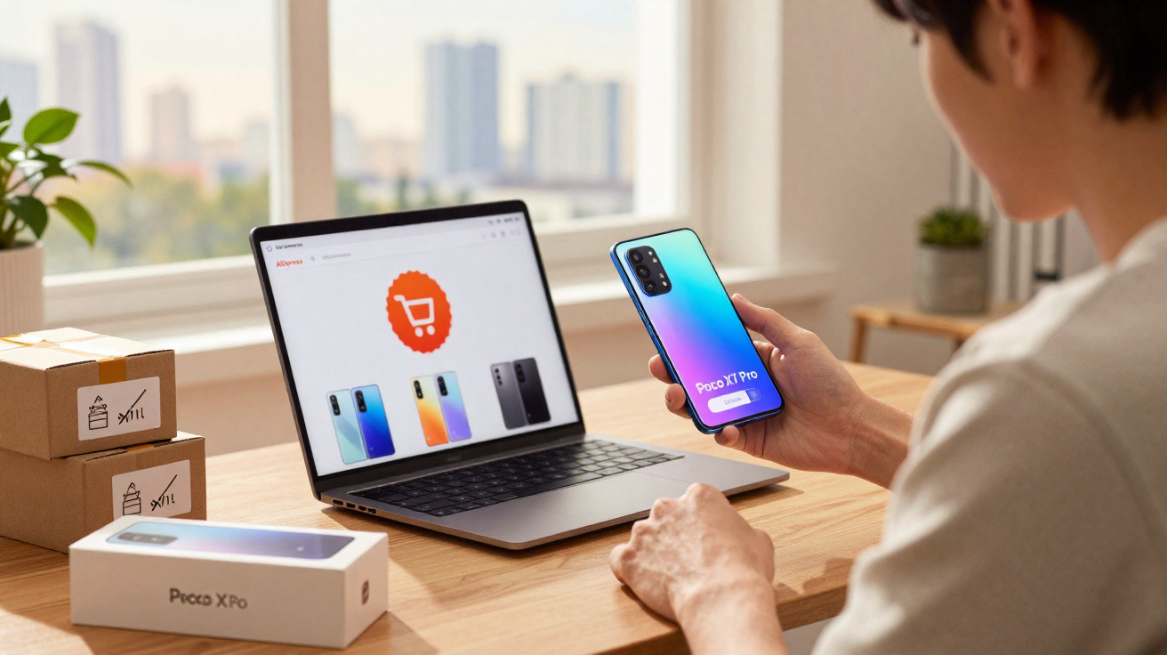 Person holding a Poco X7 Pro smartphone while shopping for phones on a laptop at a wooden desk.