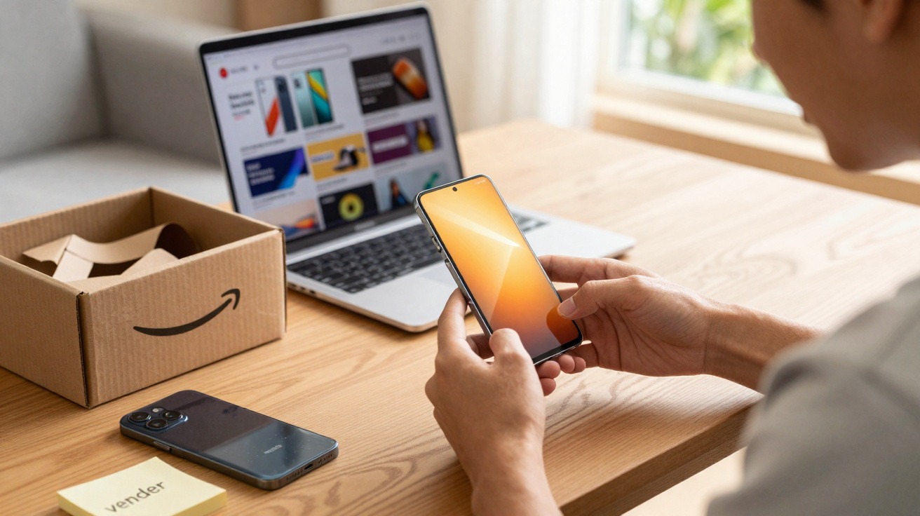 Person holding a smartphone at a wooden desk with a laptop, a phone, and an Amazon delivery box nearby.