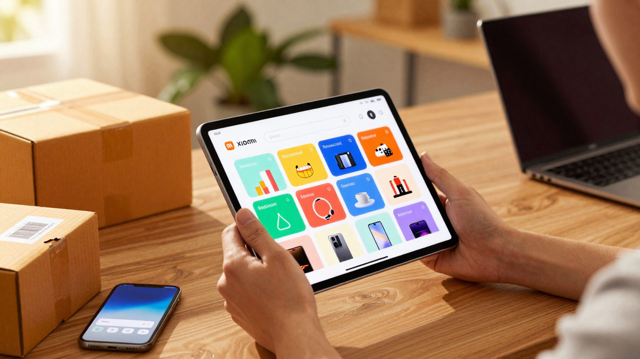 Person holding tablet displaying Xiaomi app interface with colourful icons, next to smartphone and cardboard boxes on wooden 