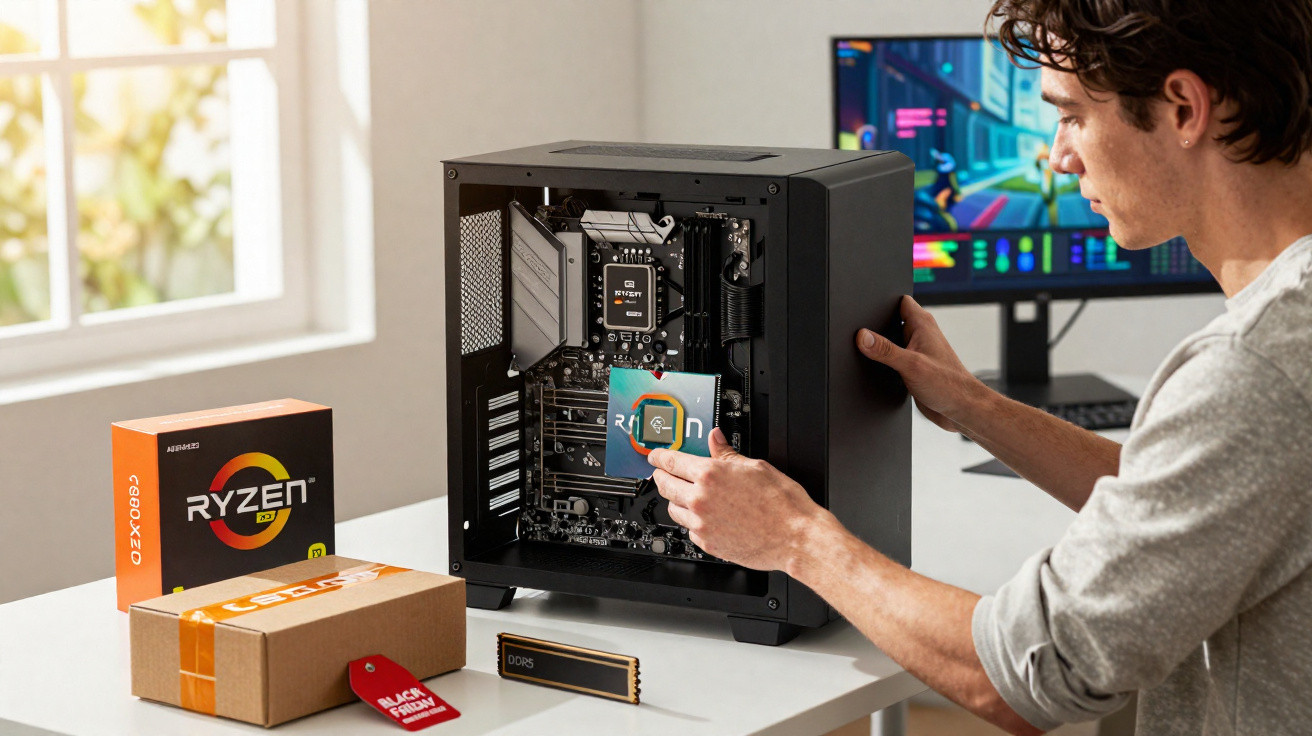 Person installing a CPU into a desktop computer case on a white desk with Ryzen processor boxes nearby.