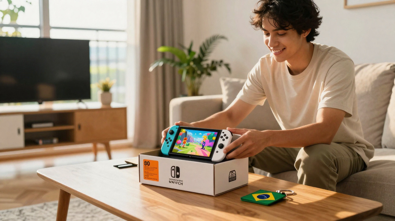 Young man sitting on a sofa setting up a Nintendo Switch gaming console on a coffee table at home.