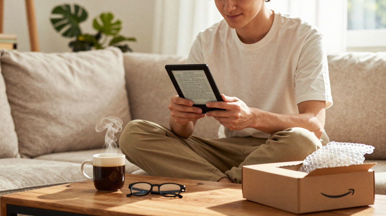 Person sitting cross-legged on a sofa reading an e-reader with a steaming coffee and glasses on the table nearby.