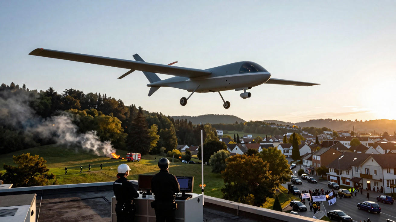 Unmanned aircraft flying over firefighters and personnel monitoring a controlled fire near a residential area at sunset.