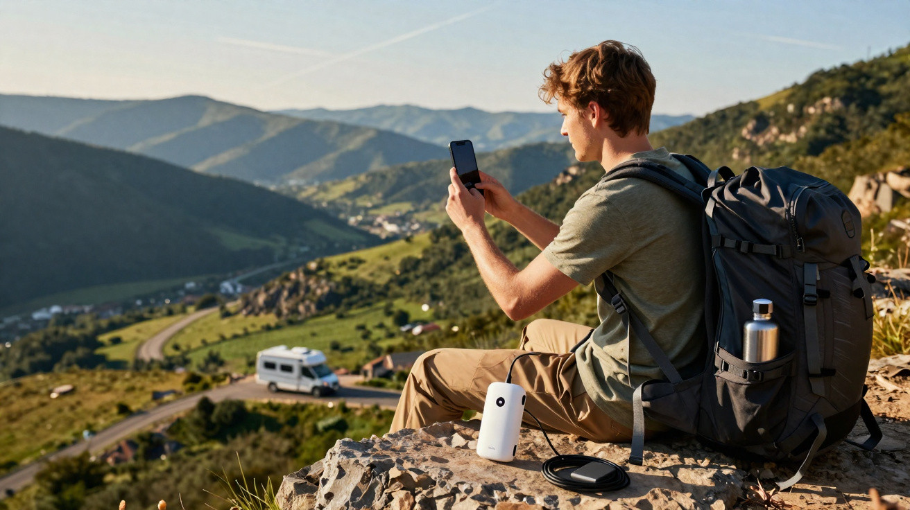 Young man with backpack sitting on a rock, using a smartphone, with a mountainous landscape and camper van in the background.