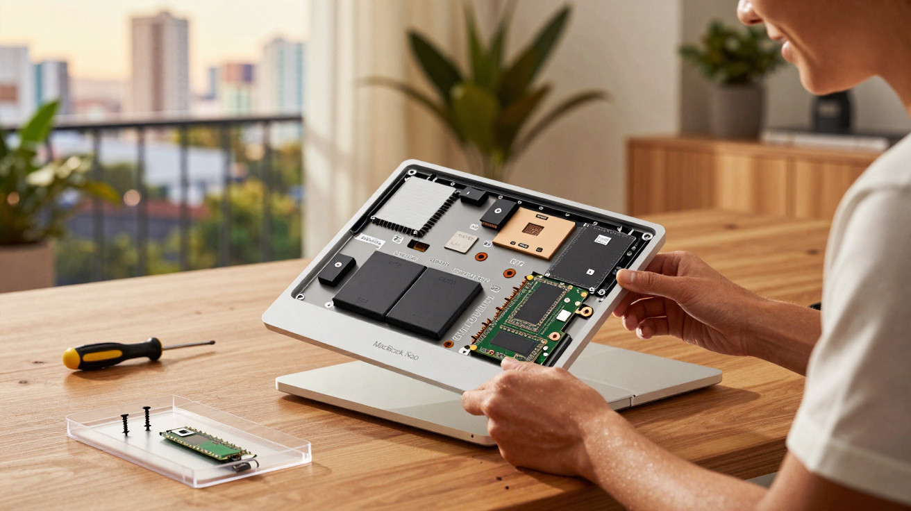 Person installing a memory module inside the open back panel of a MacBook Air on a wooden table.