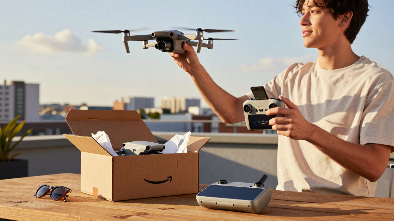 Person holding a drone above an open Amazon box with remote controls on a wooden table outdoors.