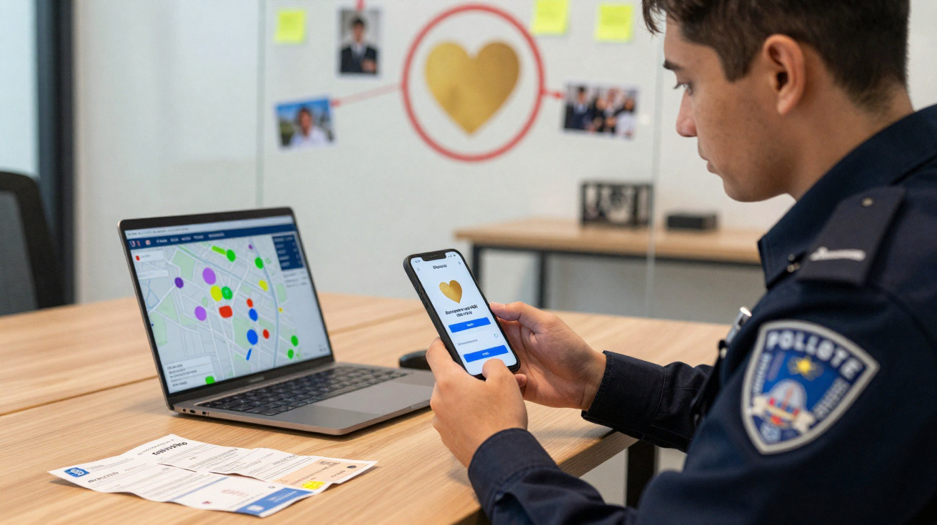 Police officer using a smartphone with a heart app, laptop showing a map, and documents on the table.
