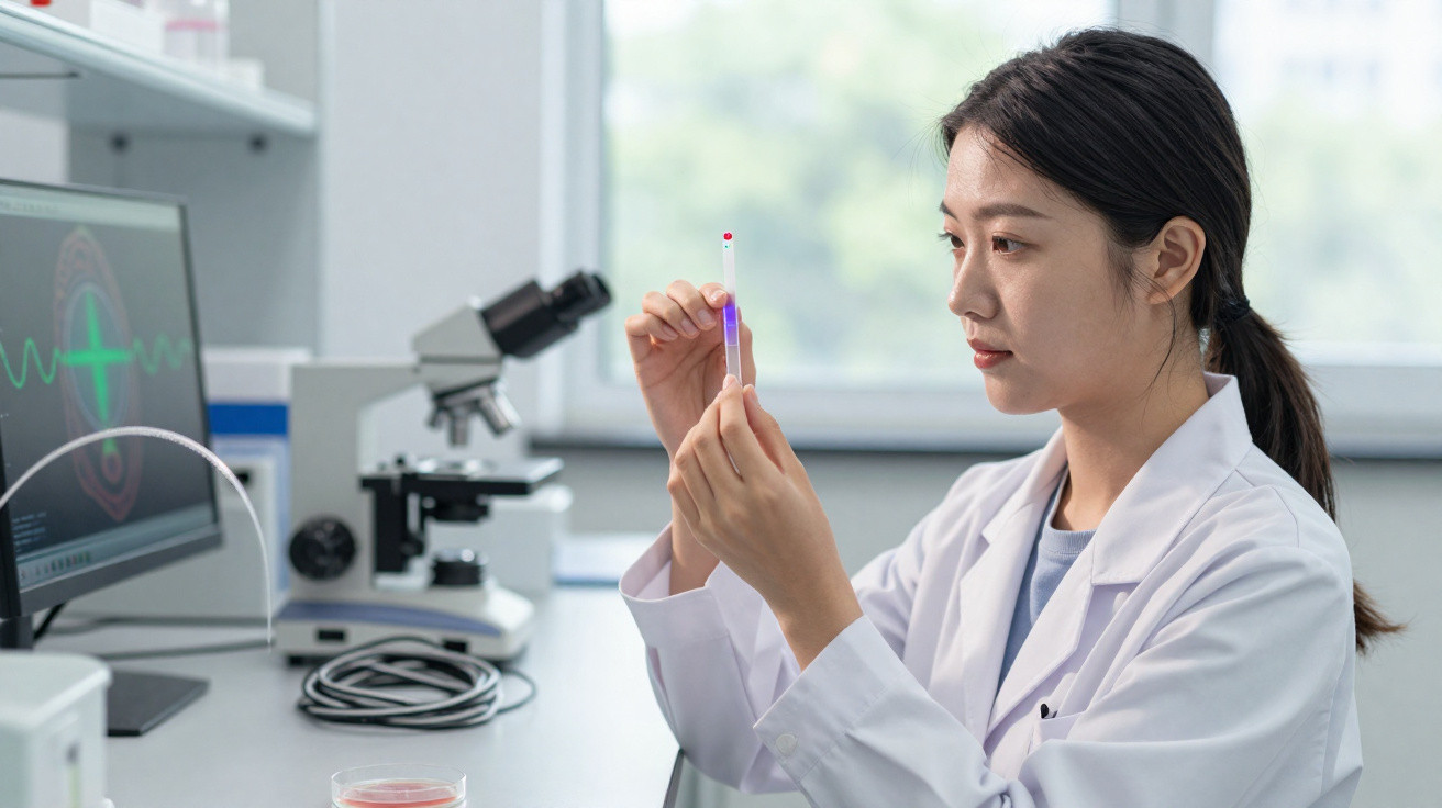 Scientist in a lab coat examining a test tube with purple liquid in a laboratory setting.