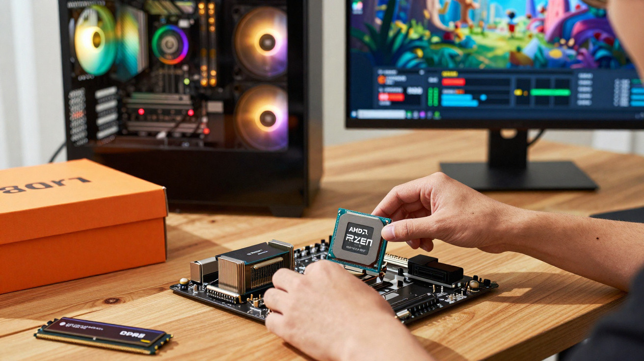Person installing AMD Ryzen processor chip on a motherboard with PC and monitor in the background