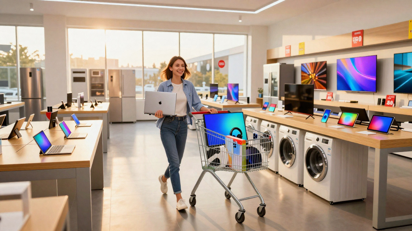 Woman holding a laptop and pushing a shopping cart with electronics in a bright tech store showroom.