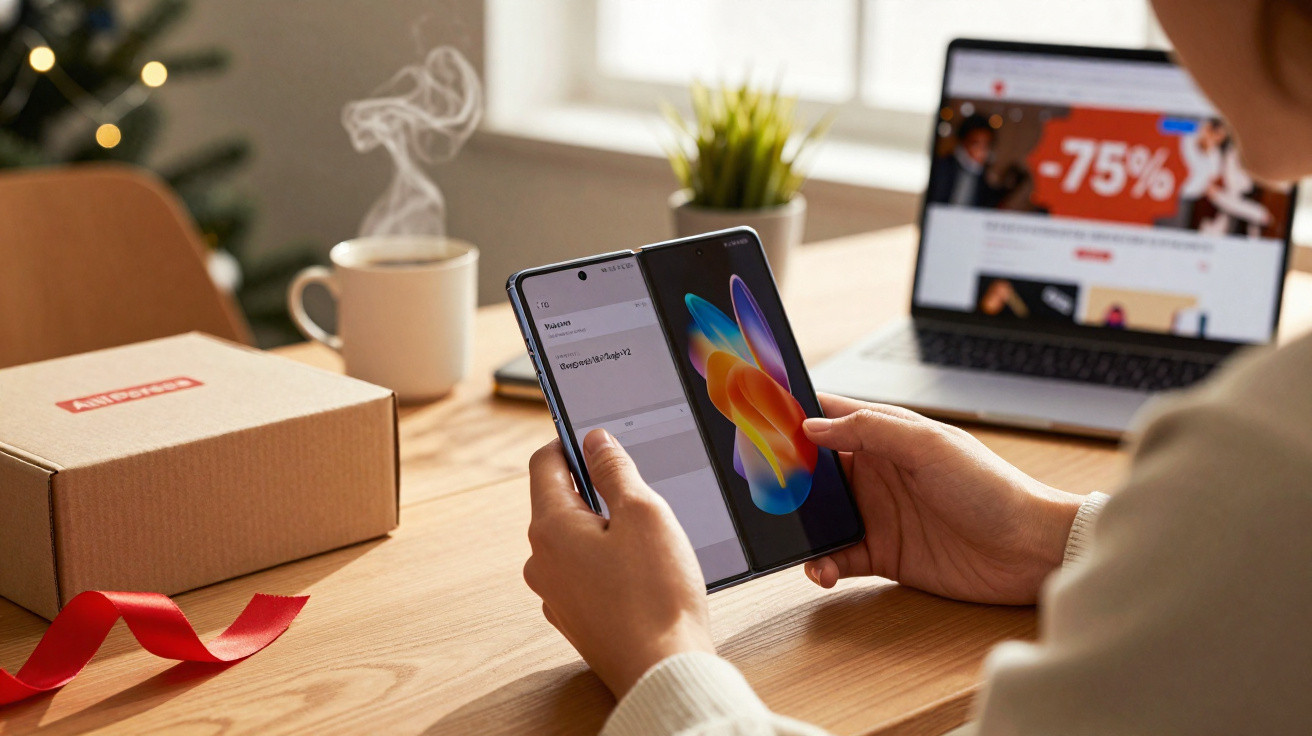 Person holding a foldable smartphone with a steaming mug, laptop, and gift box on a wooden table.