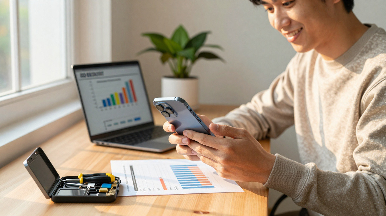 Young man smiling at smartphone with laptop, charts and screwdriver kit on desk by window indoors