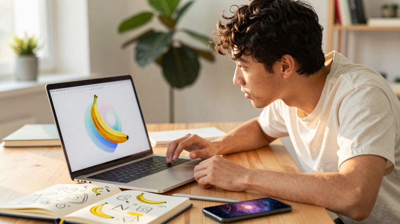 Young man designing a banana image on laptop with sketches and smartphone on wooden table