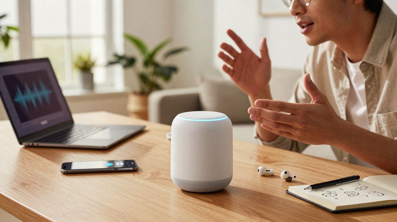 Person gesturing near a smart speaker on a desk with a laptop, smartphone, earbuds, and a notebook.