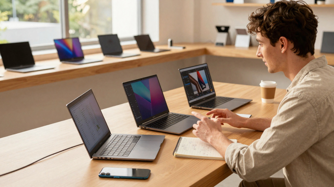 Man using multiple laptops with notebook and smartphone on desk in bright modern workspace