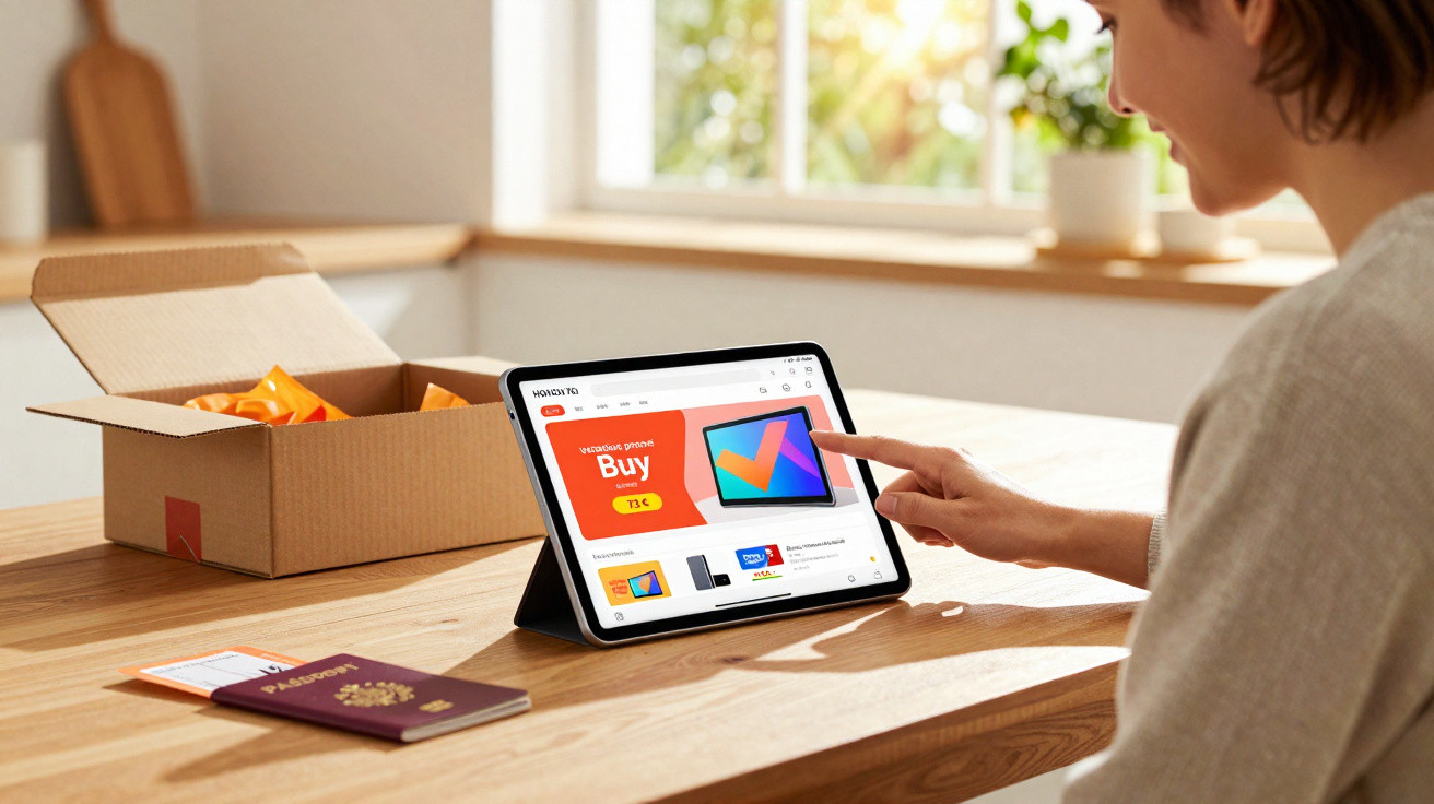Person using a tablet on a wooden table with a passport, boarding pass, and an open cardboard box nearby.