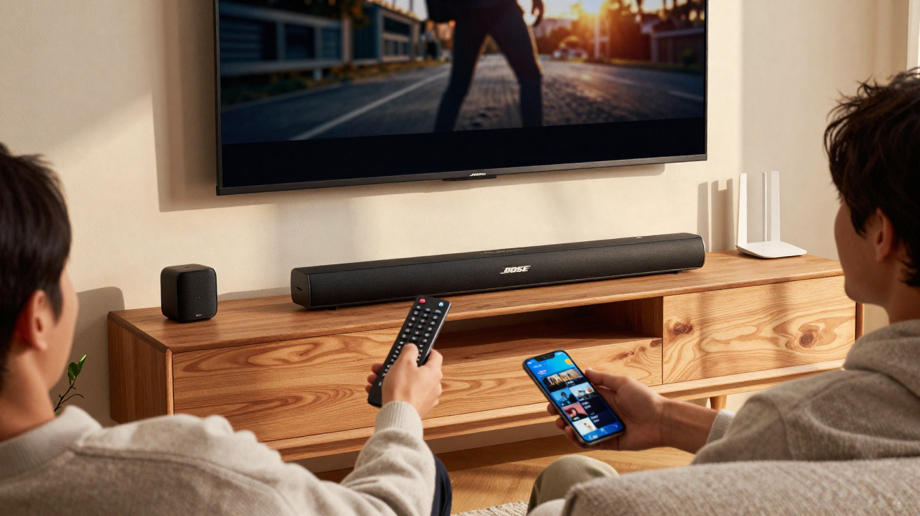Two people controlling a TV and soundbar with a remote and smartphone in a cosy living room.