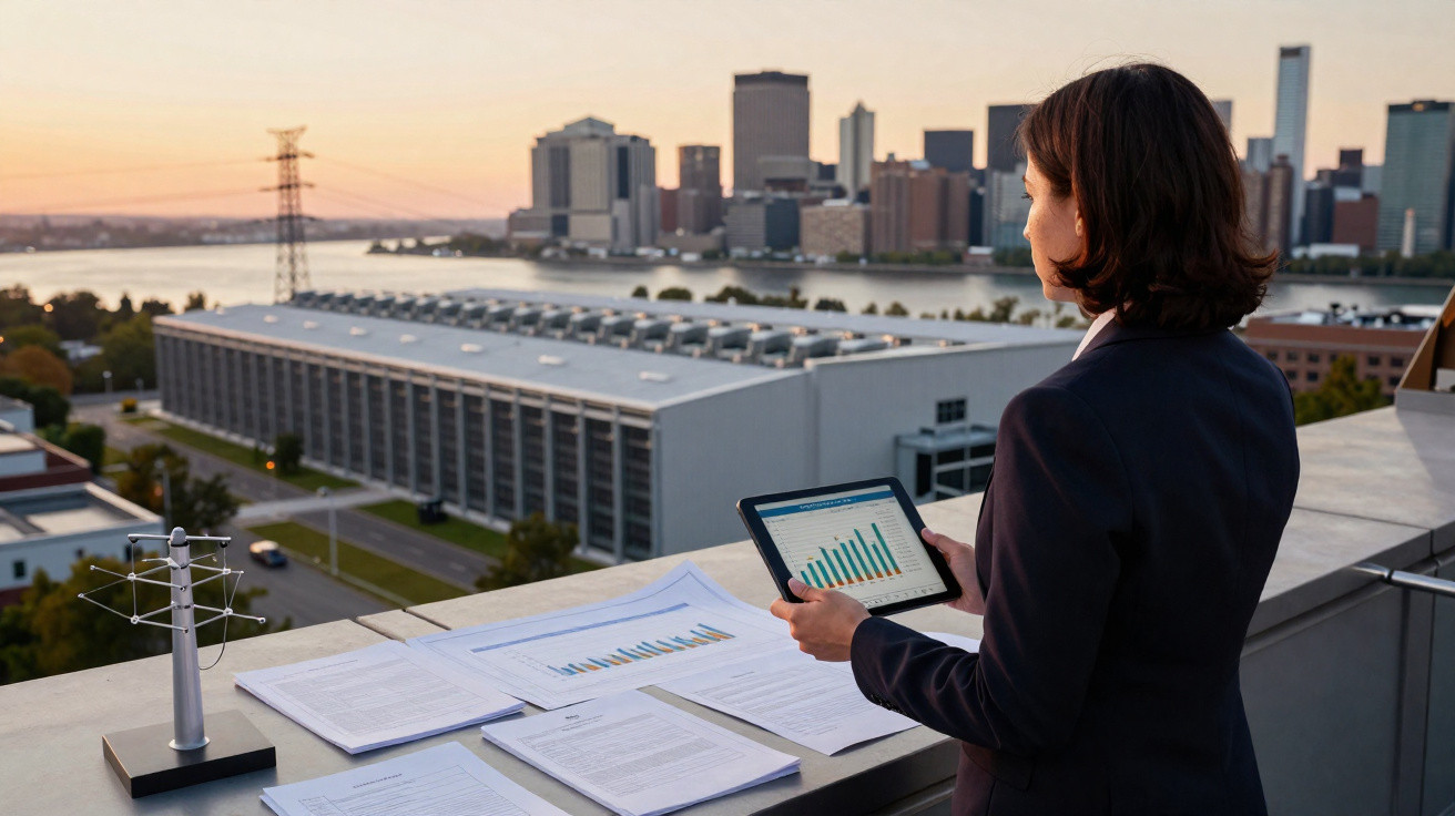 Businesswoman analysing graphs on tablet with city skyline and papers on rooftop at sunset.