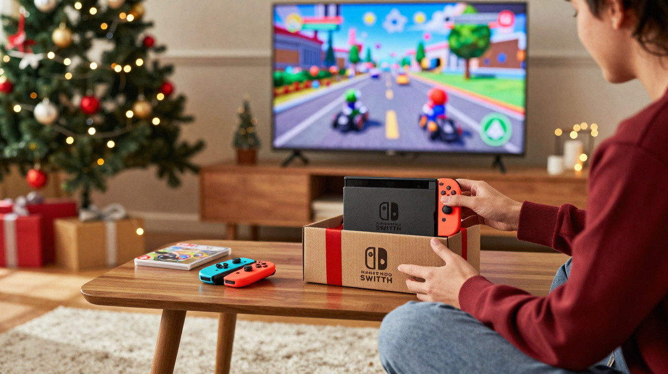 Person holding a Nintendo Switch console by a Christmas tree, with game controllers and TV showing a racing game.