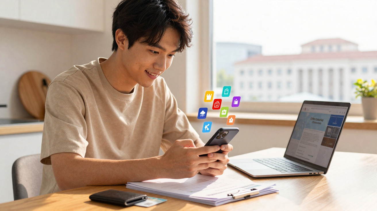 Young man using smartphone with floating app icons, laptop and documents on table in bright room