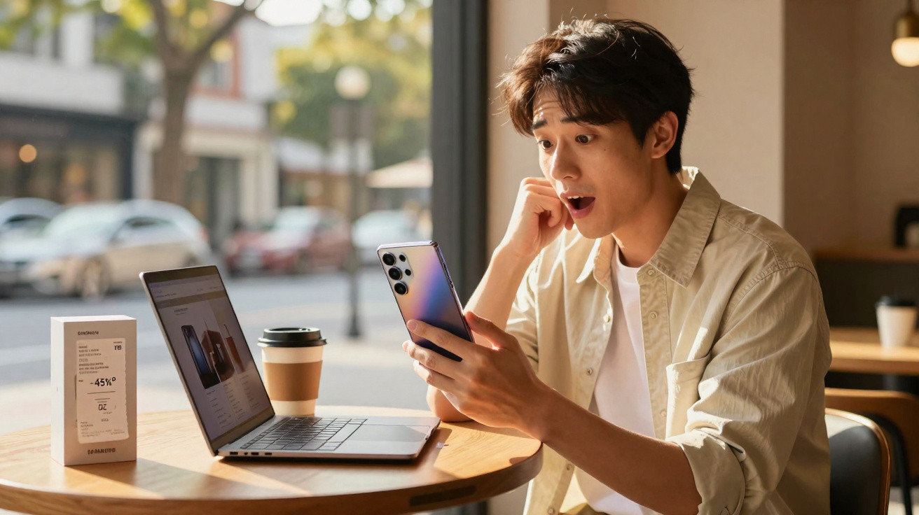 Young man at café looking surprised at his smartphone with laptop and coffee on table by window