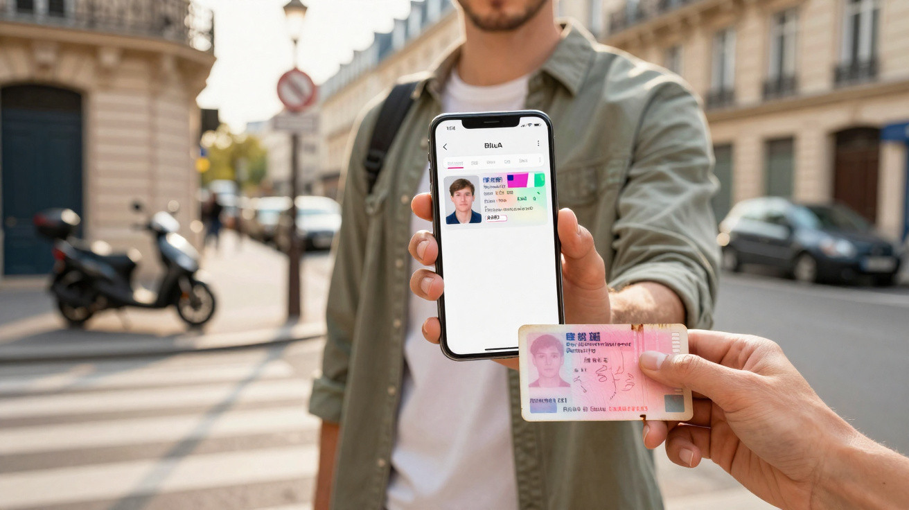 Person holding a phone showing a digital ID and another hand holding a physical ID card on a city street.