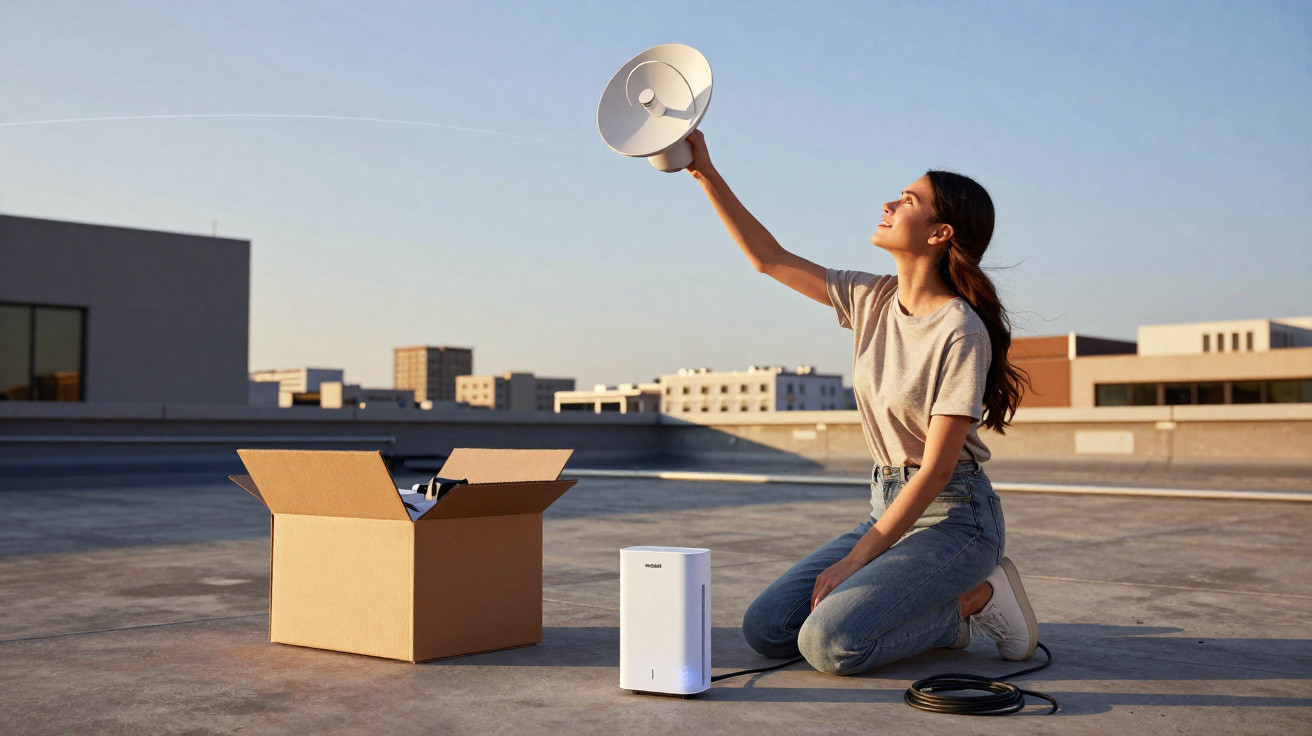 Woman kneeling on rooftop assembling a satellite dish with city buildings in the background during sunset.