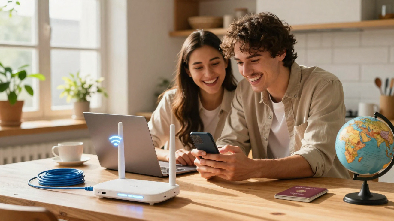 Young couple using a smartphone and laptop at a table with a Wi-Fi router and travel items nearby