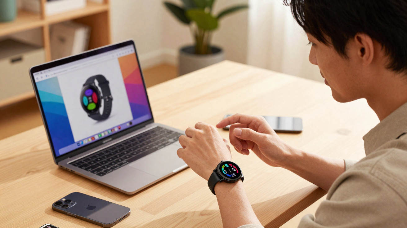 Person sitting at a desk checking a smartwatch with a laptop displaying the same watch on screen.