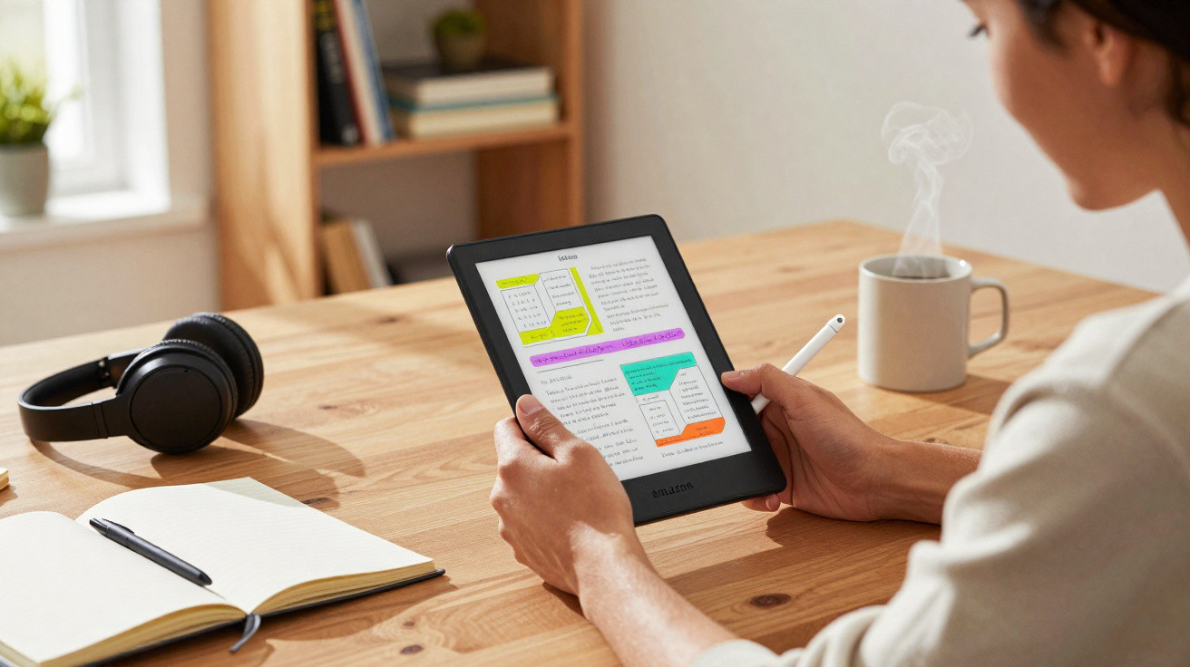 Person holding an e-reader displaying highlighted text while sitting at a wooden table with a steaming mug nearby.