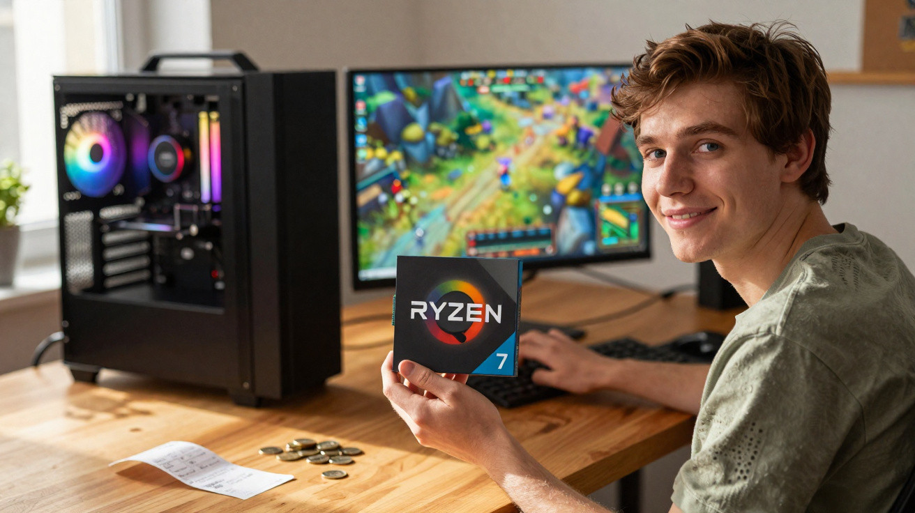 Young man holding AMD Ryzen 7 processor box while gaming at a desktop with a custom PC.