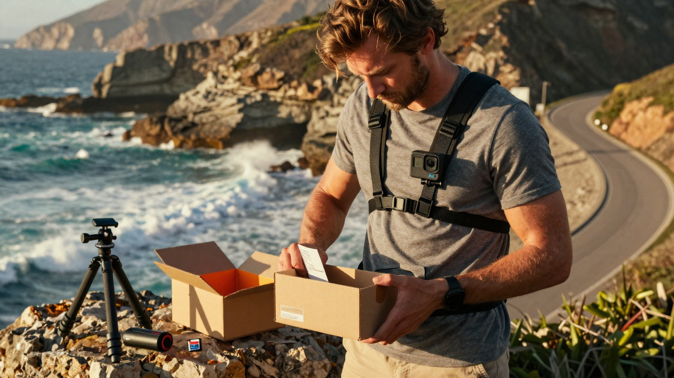 Man wearing a chest-mounted camera unboxing gear by a rocky coastline with a winding road in the background.