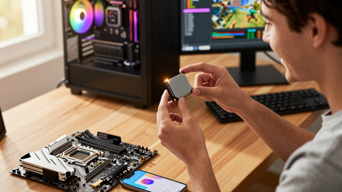 Man holding a computer processor above a motherboard on a desk with a gaming PC and monitor in the background