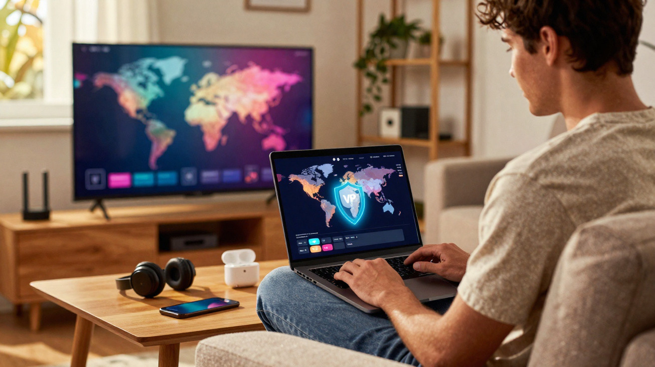 Man sitting on sofa using laptop with VPN map on screen and colourful world map on TV in modern living room