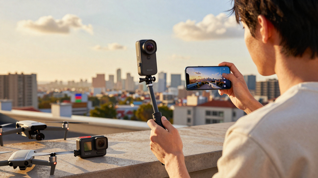 Person using a smartphone and action camera on a selfie stick to capture cityscape from rooftop.