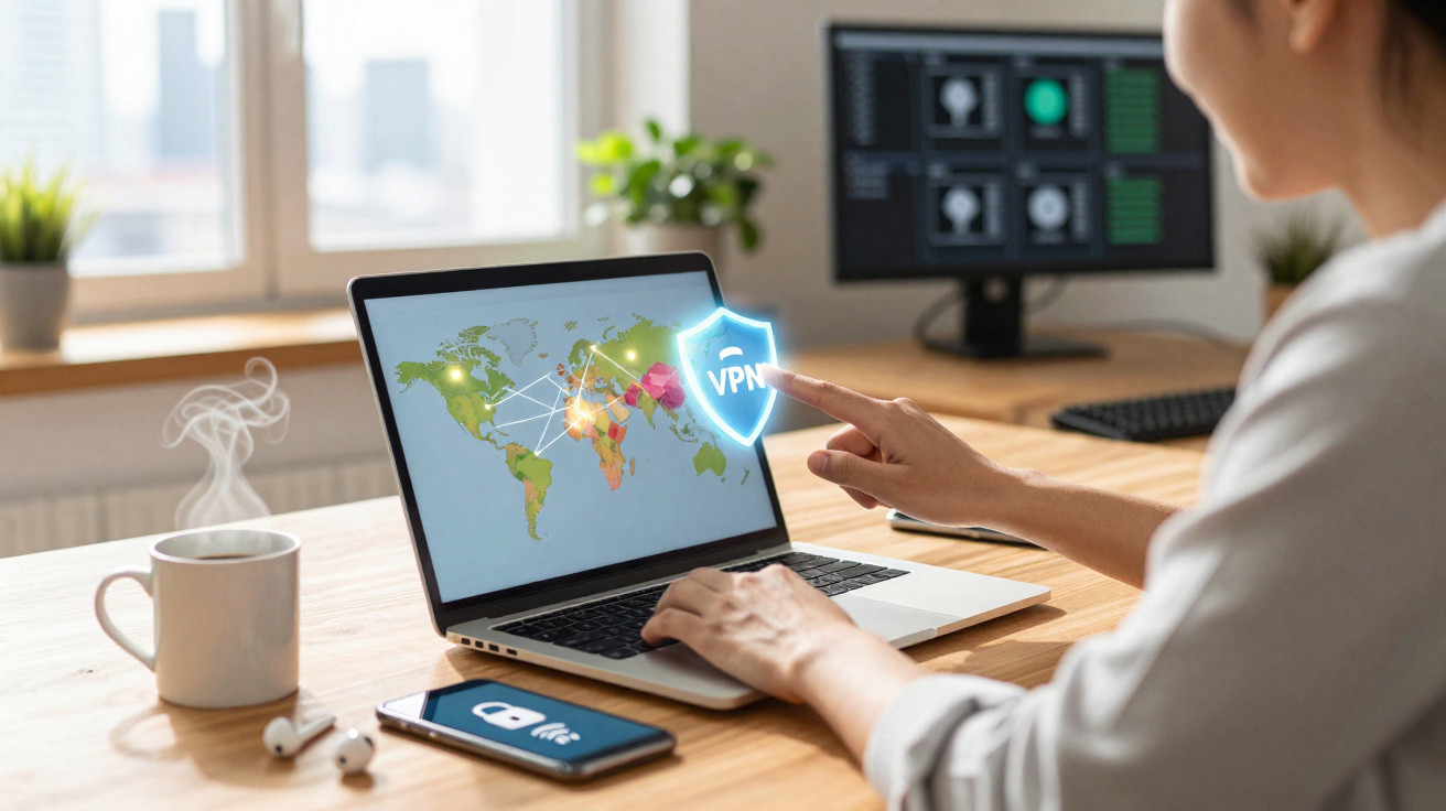 Person using laptop with world map and VPN shield icon on screen, smartphone with lock icon on table.