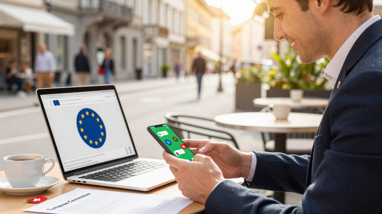 Man using smartphone and laptop showing European Union flag at outdoor café table with coffee cup and documents