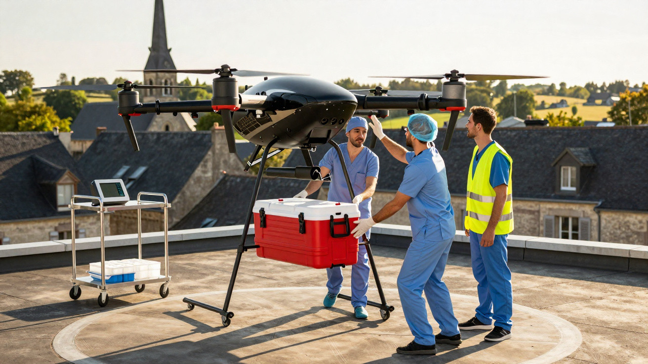 Medical professionals unloading a large drone carrying a red and white cooler on a rooftop helipad.
