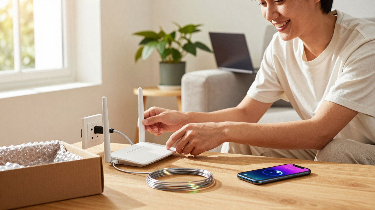Person adjusting antennas on a Wi-Fi router on a wooden table with a smartphone and cable nearby.