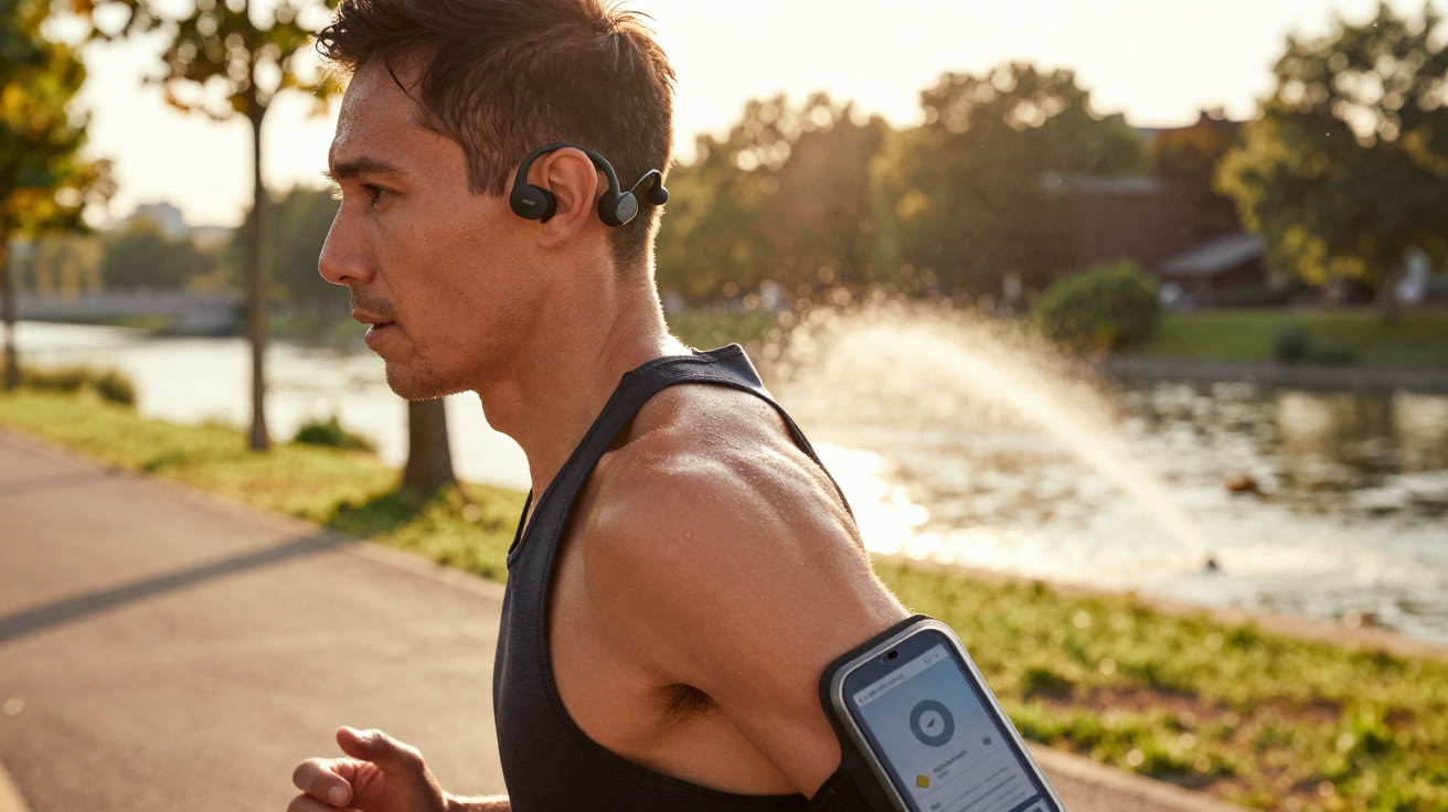 Man running outdoors near river wearing wireless earphones and smartphone armband at sunset
