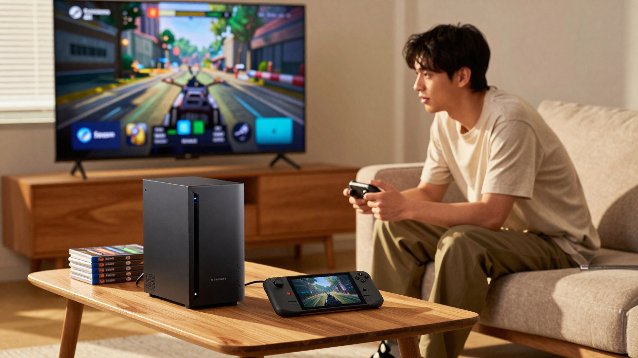 Young man playing a racing video game on a console with a TV and gaming devices on a wooden table.