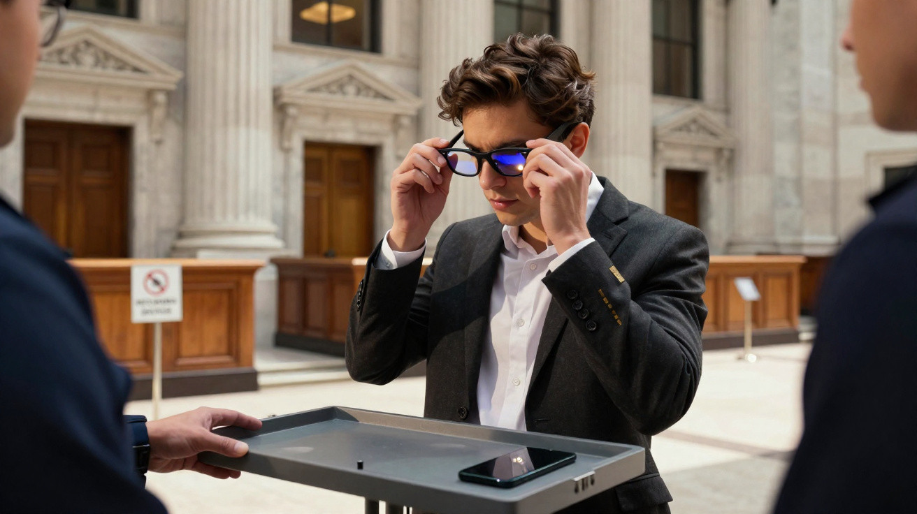 Man adjusting his sunglasses while undergoing a security check with a tray holding a phone at a grand building entrance.