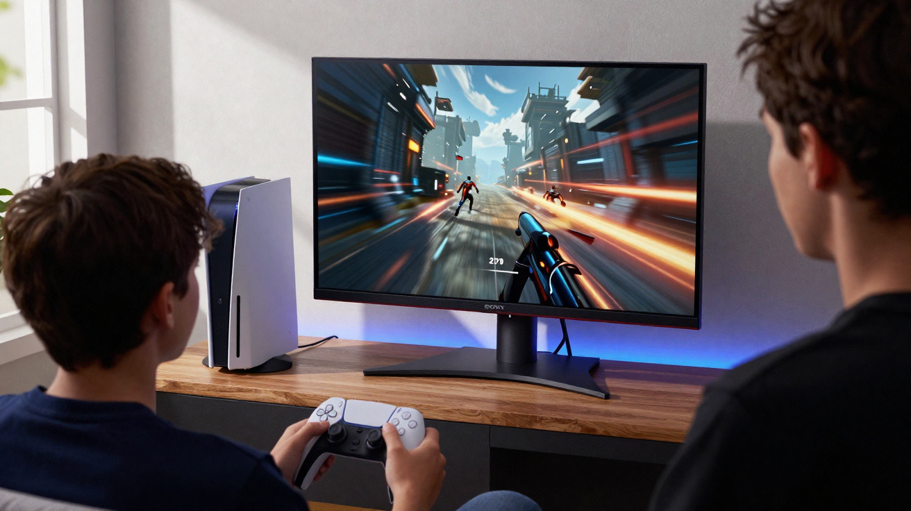Two boys playing a fast-paced first-person shooter game on a monitor connected to a PlayStation 5 console.