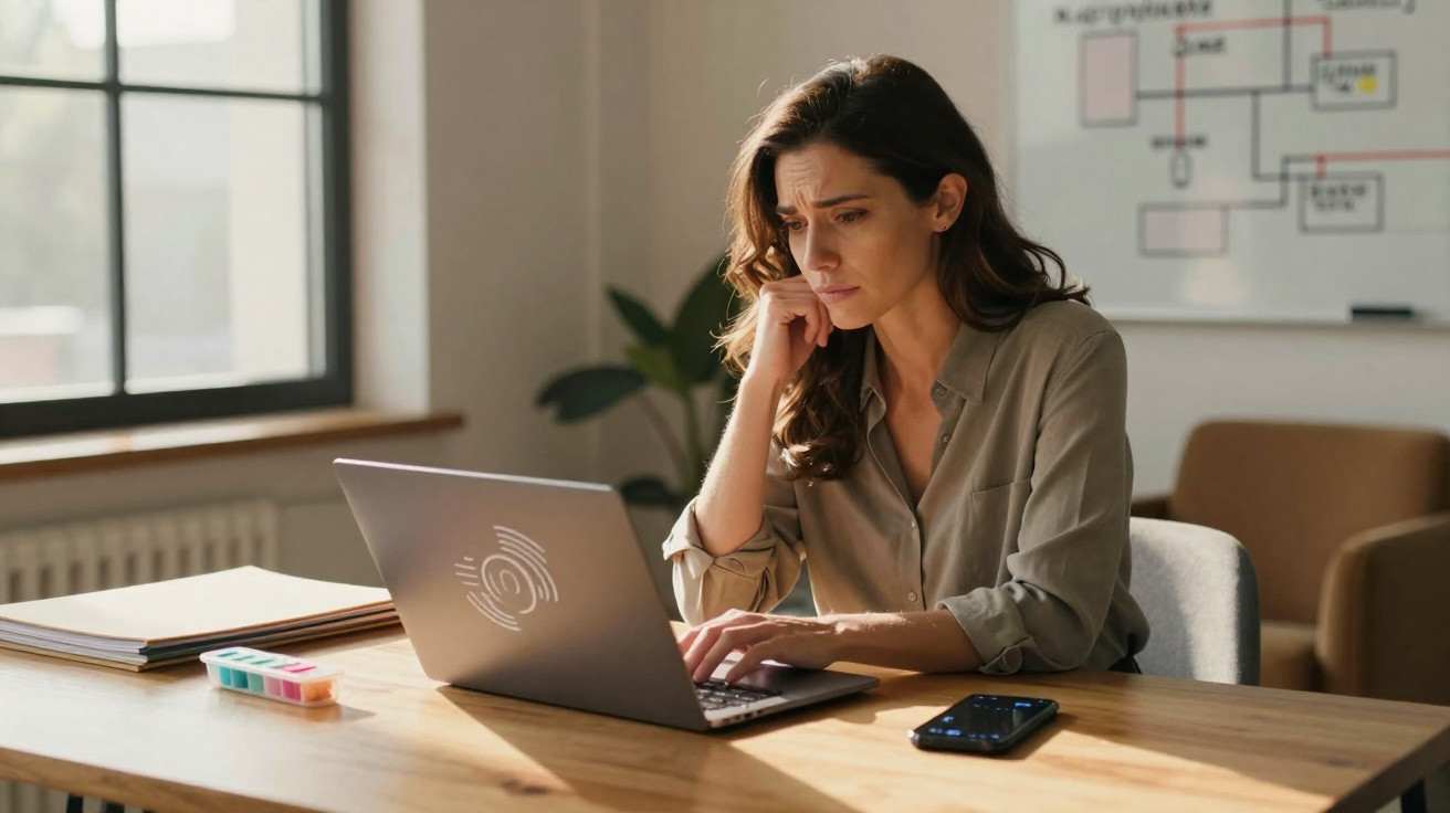 Woman looking worried while working on a laptop at a wooden desk with a smartphone nearby in a bright room.
