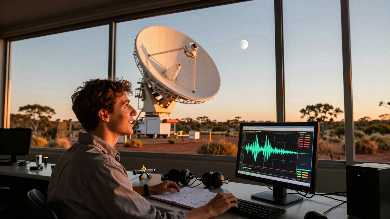 Man operating computer with waveforms by large satellite dish outside window at sunset.