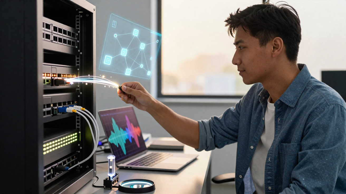 Technician connecting fibre optic cable to server rack with laptop showing colourful network data graphs.