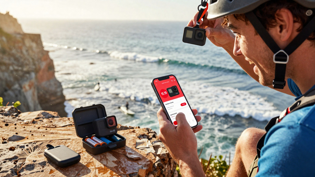 Man wearing helmet using a smartphone app to control a GoPro camera on a cliff by the sea with surfers in the background.